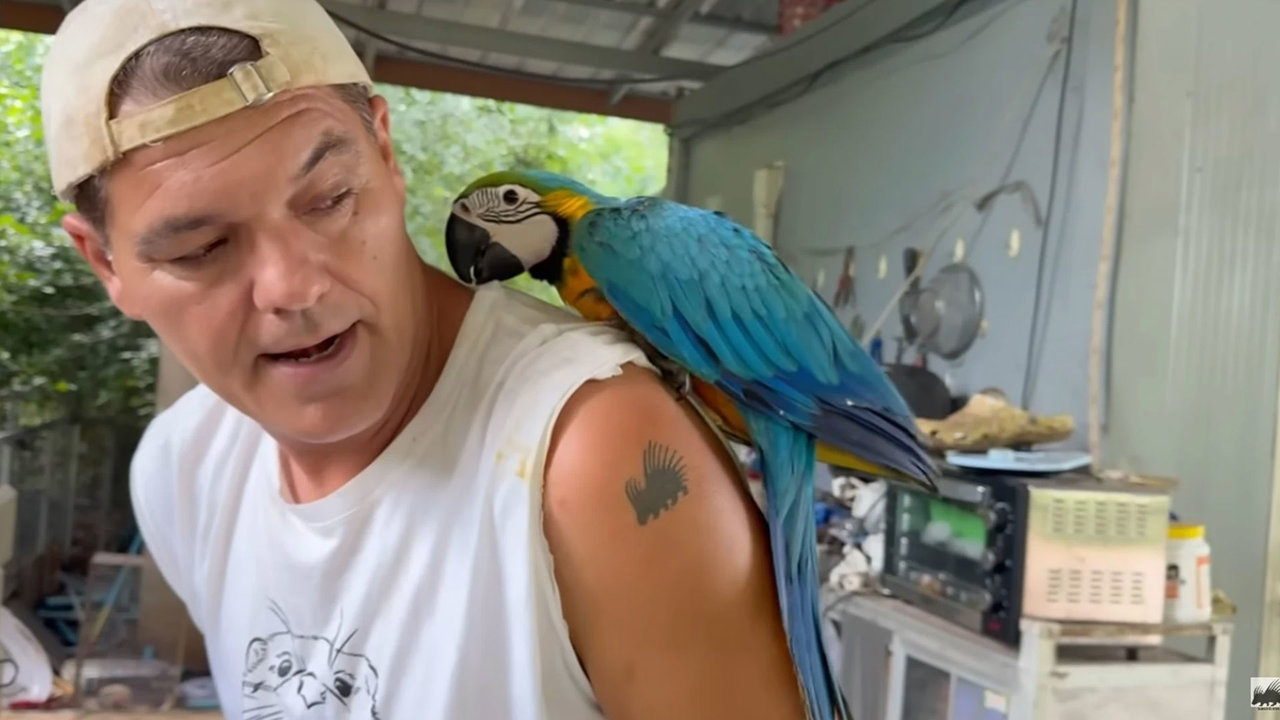 Frank Cuesta con uno de los loros rescatados en su santuario