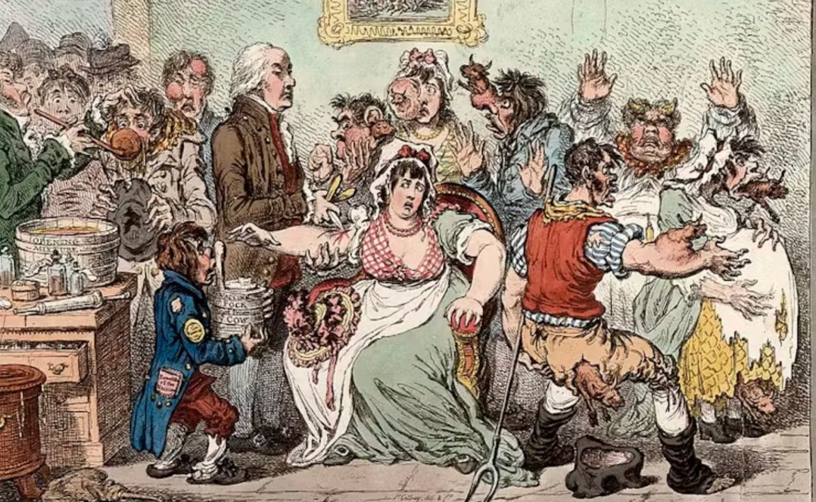 Caricatura satírica de Edward Jenner, descubridor de la vacuna contra la viruela, y los supuestos efectos de la vacunación. La viñeta se distribuía en revistas de la Sociedad Antivacunas del siglo XIX. Ahora forma parte de los grabados del Museo Británico. Wikimedia commons, CC BY